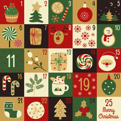 Christmas advent calendar with simple flat illustrations, numbers. Traditional Xmas symbols in red, green and gold.