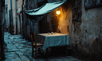 A table protected with a tarpaulin in an alley