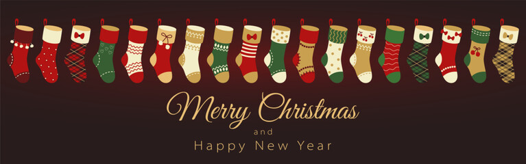 Christmas Banner. Multicolored stockings for gifts in classic colors red, green, gold on dark background. Xmas long background.  