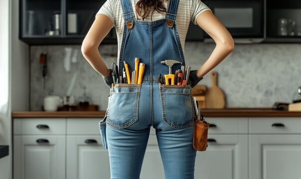 A woman in denim overalls with pockets full of various tools stands in a modern kitchen, representing readiness for DIY home improvement and maintenance