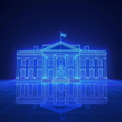 A Captivating Digital Representation of the Iconic White House in Neon Blue Lines Against a Dark Background, Reflecting An Air of Modernity