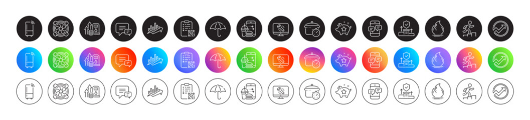 Audit, Loyalty points and Boiling pan line icons. Round icon gradient buttons. Pack of Food order, Monitor repair, Refrigerator icon. Fuel price, Phone messages, Security agency pictogram. Vector