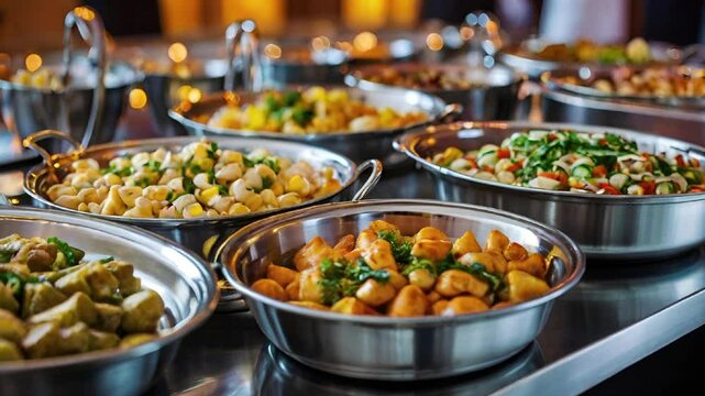 A close-up of the elegant presentation of wedding food in chafing dishes, video 