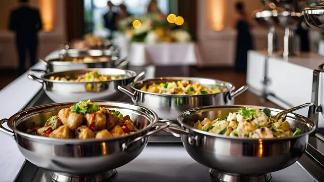 A close-up of a row of stainless steel chafing dishes at a wedding buffet, video 