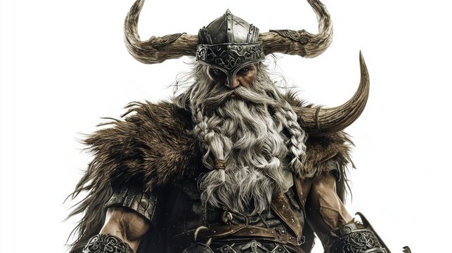 Balder the Scandinavian god displaying his powerful presence with distinctive armor and features. The background is pure white.