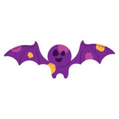 Purple bat with stitched patches and playful expression, Vector