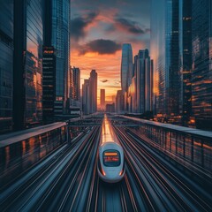 Futuristic high-speed train in a city at sunset