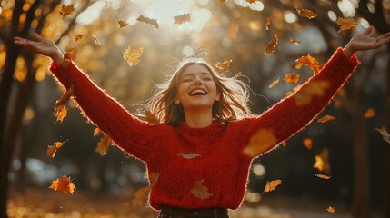 Joyful woman enjoying autumn, surrounded by falling leaves, smiling in the golden sunlight of a beautiful fall day.

