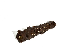 Wafer roll snack with chocolate rice crispy bar and peanuts isolated on white background