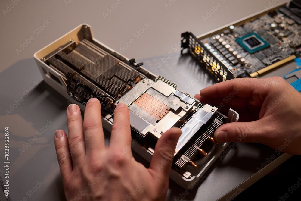 Poster hand repairing a graphics card through the application of thermal paste for better performance