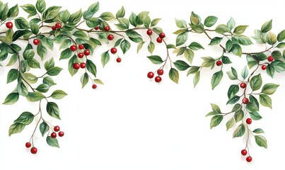 Obraz premium A white background with a green leafy border and red berries