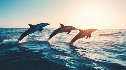 Playful Dolphins Jumping in Sunset Waves