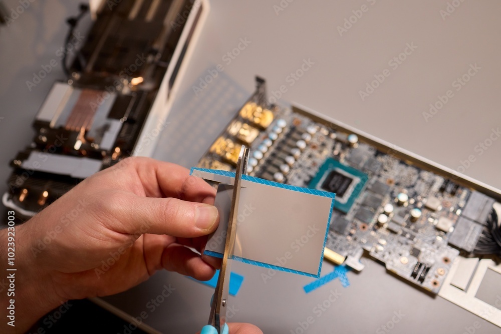 Aufkleber hand repairing a graphics card through the application of thermal paste for better performance