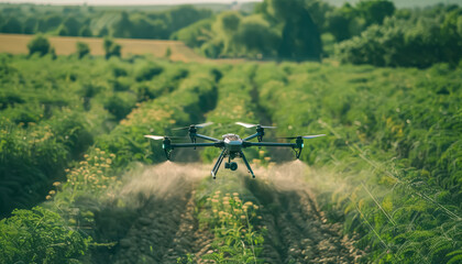 Fototapeta premium Drone spraying a field of crops. The drone is spraying the crops with a mist of water