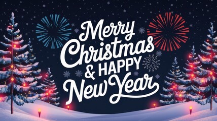Festive Merry Christmas and Happy New Year Greeting Card with Snowy Trees and Colorful Fireworks Celebrating Holiday Season