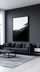 Minimalist living room with black sofa and a large abstract painting on the wall.