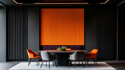 Modern dining room with an orange accent wall and black chairs.