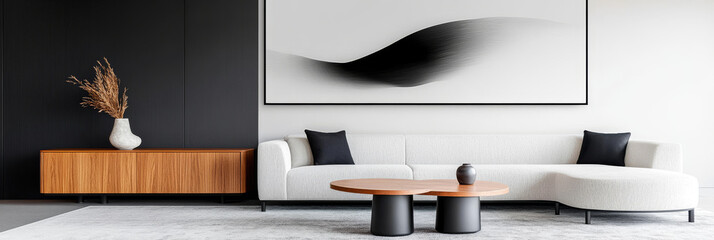 Modern living room with a white sectional sofa and a wooden coffee table.