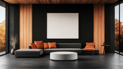 Modern living room with a large, blank canvas above a sectional sofa.