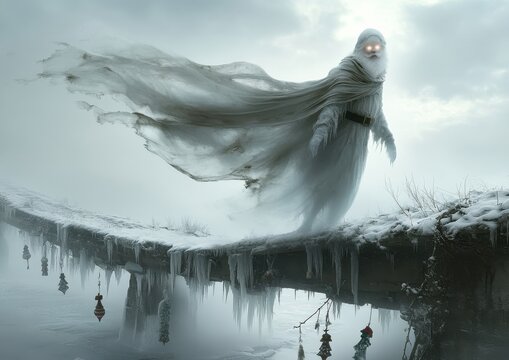 Mysterious Ghostly Stanta Figure in Eerie Foggy Landscape - Haunting Apparition on Suspended Bridge Creates Enigmatic Atmosphere