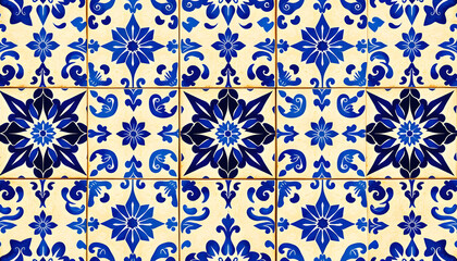 Antique portuguese tiles. Blue Azulejos ceramic. Spanish pottery..Sicily italian majolica. Vintage ethnic background . Mediterranean watercolor seamless wallpaper. Moroccan ornaments in indigo color