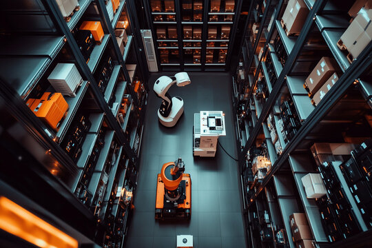 Top-down view of automated robots and storage shelves