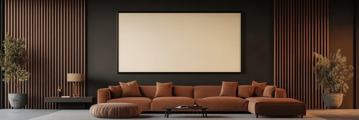 A minimalist living room with a large, empty frame above a brown sectional sofa.