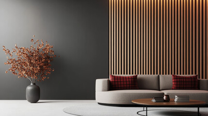 Modern living room with a grey wall, wooden slat wall, and a beige sofa with red pillows.