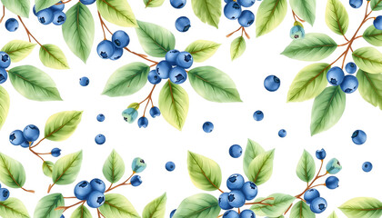 Watercolor seamless pattern with cute little leaves and blue berries on white background isolated with white highlights, png