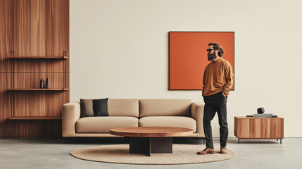 Man in a living room with a large sofa, a round coffee table and a wall with shelves.