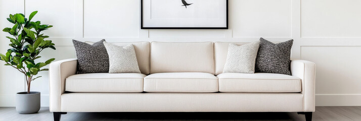 A white sofa with black and white throw pillows in a modern living room.