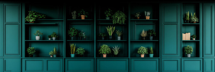 A wall of teal-colored shelves with various plants in pots.