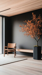 A modern living room with a wooden chair and a tree in a black pot.