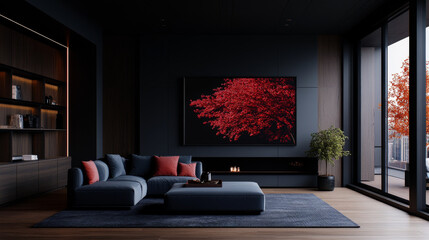 Modern living room with a large sectional sofa, dark wood accents, and a stunning autumnal tree art print.