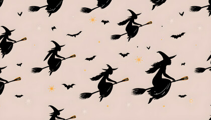 pattern with Halloween design of witches on flying brooms isolated with white highlights, png