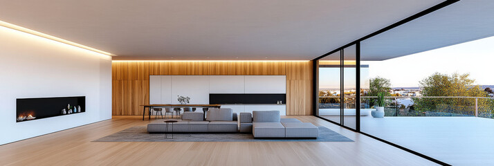 Modern living room with a fireplace and a view.
