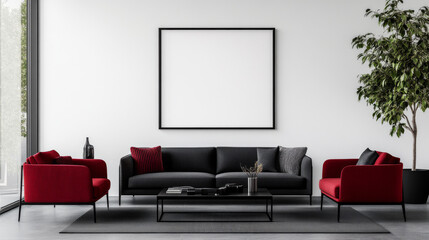 Modern living room with a black sofa, red armchairs, and a large framed artwork.