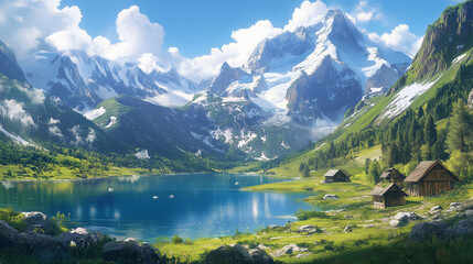 Mountain Lake at the Foot of Majestic Peaks