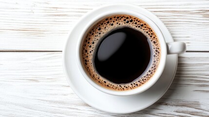 Freshly Brewed Coffee in White Cup on Wooden Surface