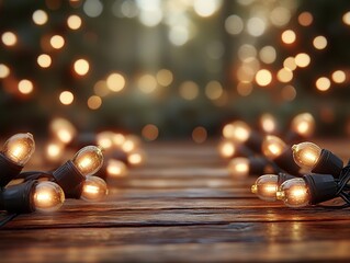 Naklejka premium Magical Evening Garden with Warm Glow String Lights on Rustic Wooden Table, Perfect for Outdoor Gatherings and Celebrations