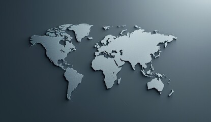 3d world map, global business concept on dark background, simple and minimalistic design, metallic gray color, white borders