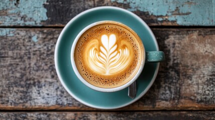 Beautiful latte art on a rustic wooden table