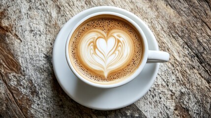 Heart Art in Coffee Foam on Rustic Wood Table