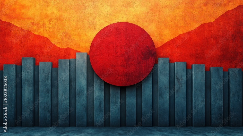 Poster abstract minimalist geometric background with a red circle in the background and blue columns in the