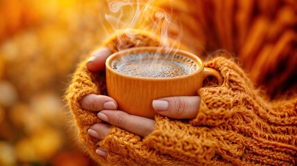 Hands wrapped in a cozy sweater holding a steaming cup of coffee, surrounded by the warm glow of autumn colors.


