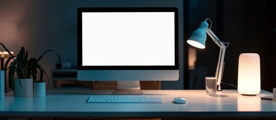 Naklejka premium A blank white computer screen with a dark background. A desk in the foreground, in a modern office setting