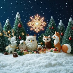 Enchanting Winter Wonderland with Adorable Animals and Snowy Forest Under Starry Night Sky Perfect for Festive Holiday Spirit