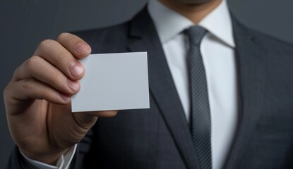 A business man in suit pulling out an empty white card from his pocket, close-up of hand and chest