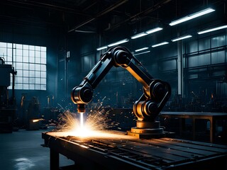 Generative AI illustration of robotic arm welding with glowing light in empty dark room in industrial building of innovation factory, technology metalwork equipment  fabricate industrial metal process