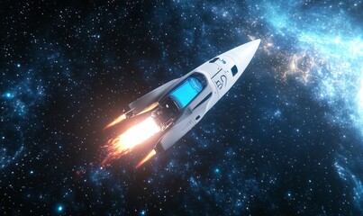 Fototapeta premium A white rocket is flying through space with a blue window
